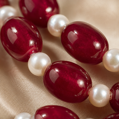 Ruby and pearl necklace close-up – ruby stone beads with freshwater pearls